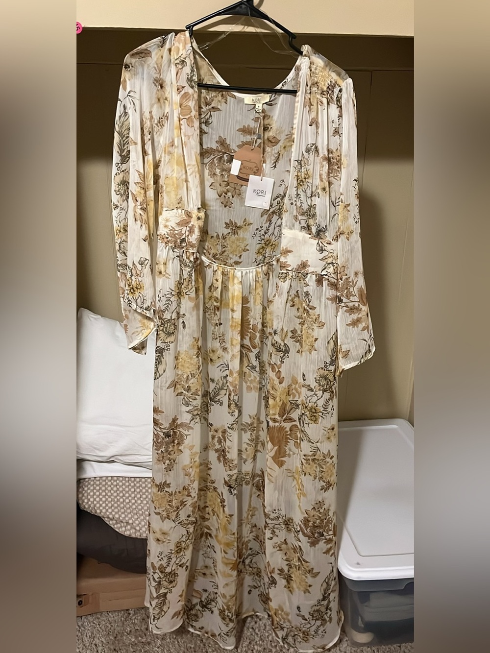 Kori Sheer Floral Maxi Kimono in Cream and Brown